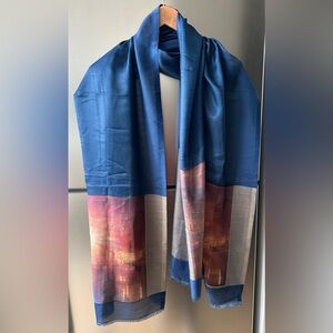 Silk Blend Venice Print Scarf Blue Wrap Gondola Scene Lightweight